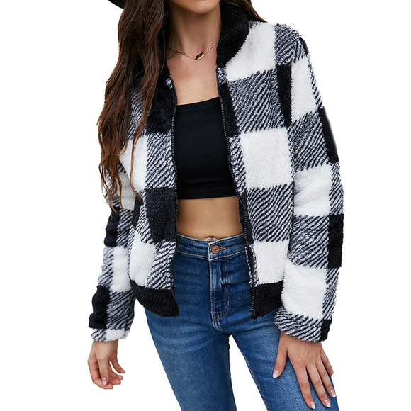 Women's Zipper Collared Plaid Jacket - Picture 4 of 8